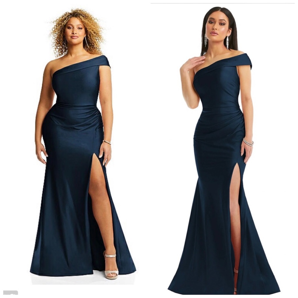 NWT Cynthia & Sahar One-Shoulder Stretch Satin Mermaid Dress Navy XL